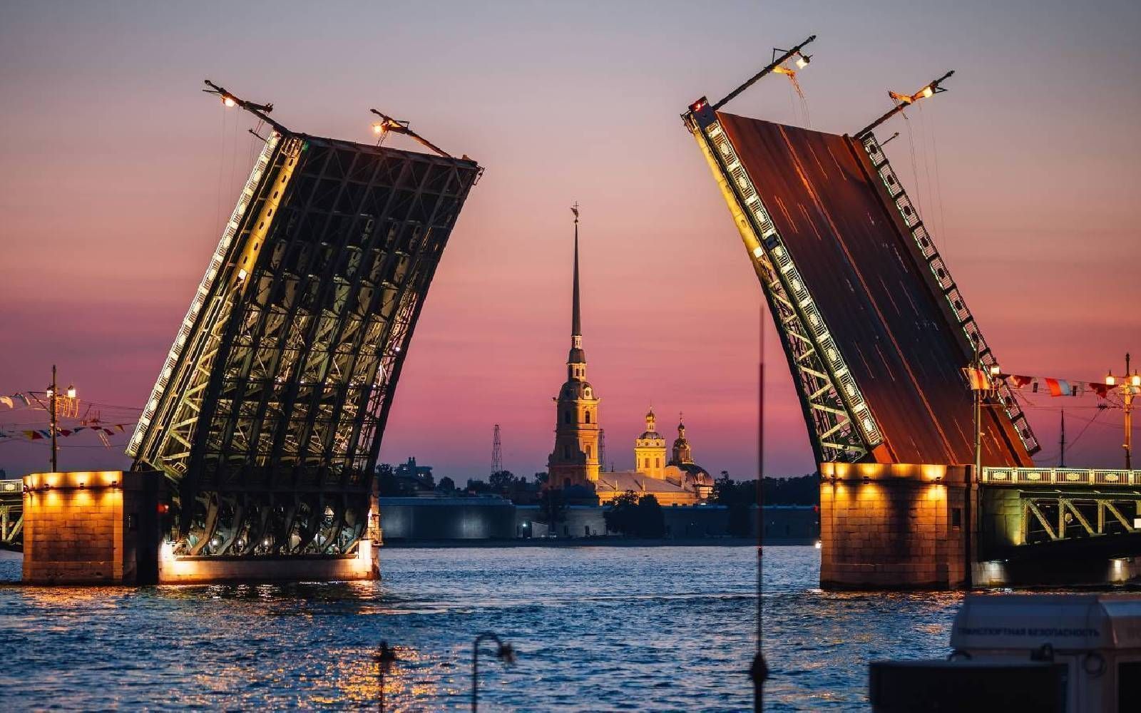Night Petersburg with bridge drawing by bus and boat